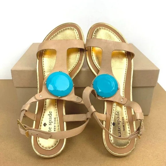 Kate Spade New York T-Strap Flat Sandals Blue Stone Embellishment Sz 8M - Picture 3 of 16